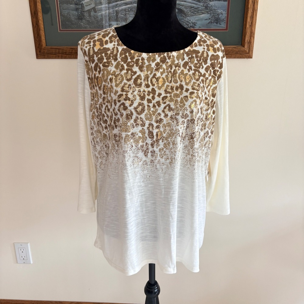White Stag Leopard Print Top Womens XXL 20 Metallic Gold 3/4 Sleeve Slub Knit